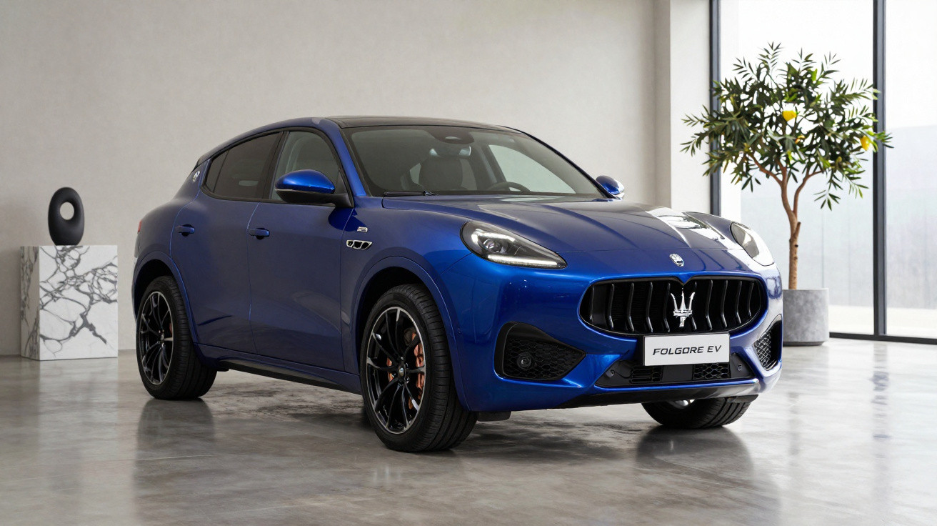 Carro elétrico azul Maserati Folgore EV estacionado em sala moderna com piso de cimento polido.