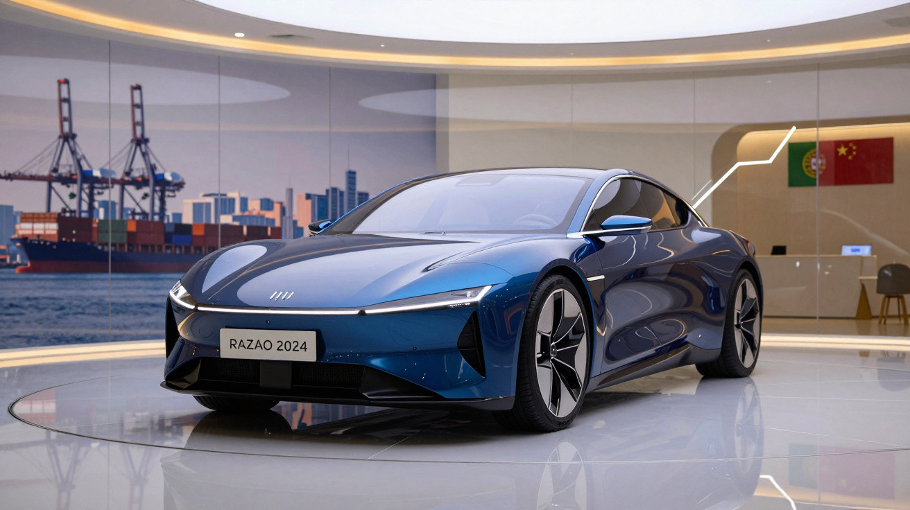 Carro esportivo elétrico azul exibido em ambiente moderno com fundo de porto e bandeiras.