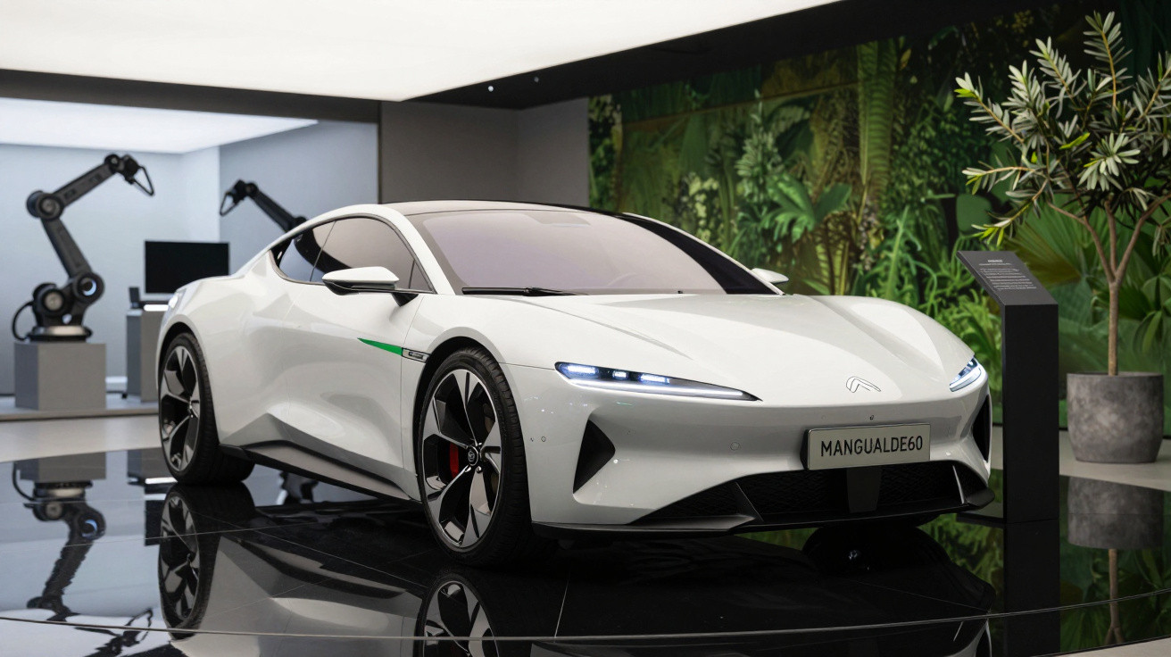 Carro esportivo branco elétrico exposto em ambiente moderno com robôs e plantas ao fundo.