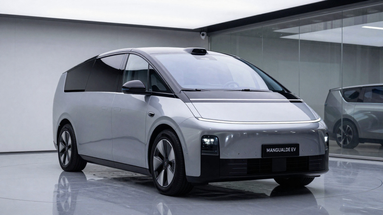 Carro elétrico cinza ManguaiDE EV estacionado em ambiente moderno com piso e paredes brancas.