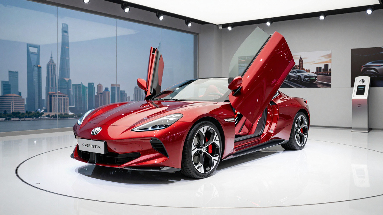 Carro esportivo vermelho MG Cyberster com portas abertas estilo asas de gaivota em exposição moderna.