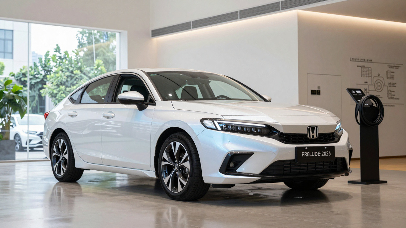 Carro branco Honda Prelude 2026 em exposição interna com ventilação e carregador elétrico ao lado.