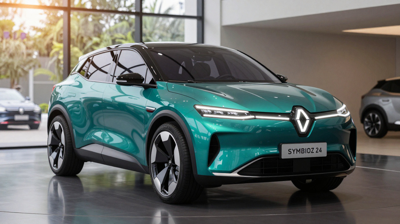 Carro elétrico Renault Symbioz 24 verde brilhante em showroom moderno com grandes janelas.