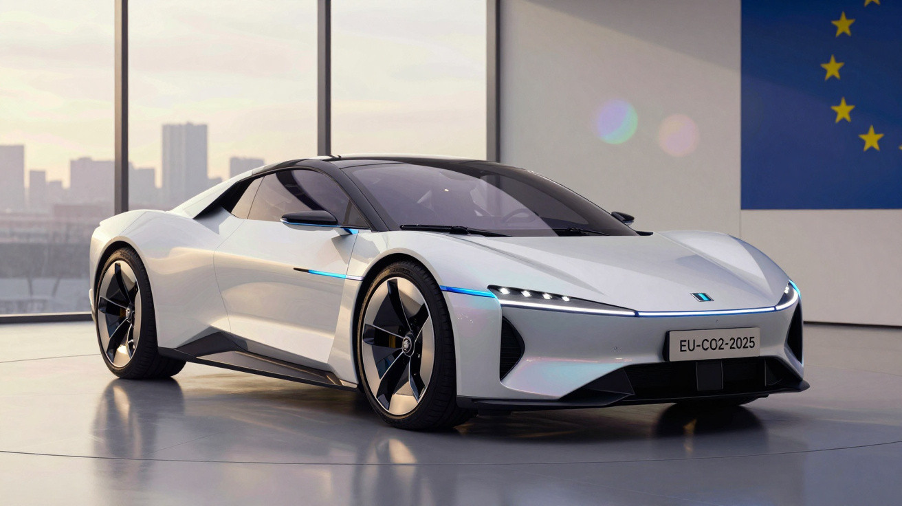 Carro esportivo elétrico branco futurista em sala com grande janela e bandeira da União Europeia ao fundo.