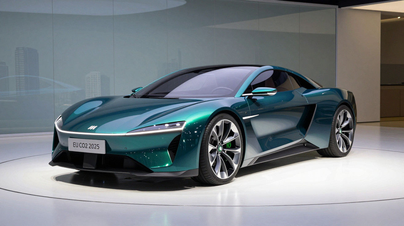 Carro esportivo elétrico verde metálico exibido em plataforma circular em salão moderno.