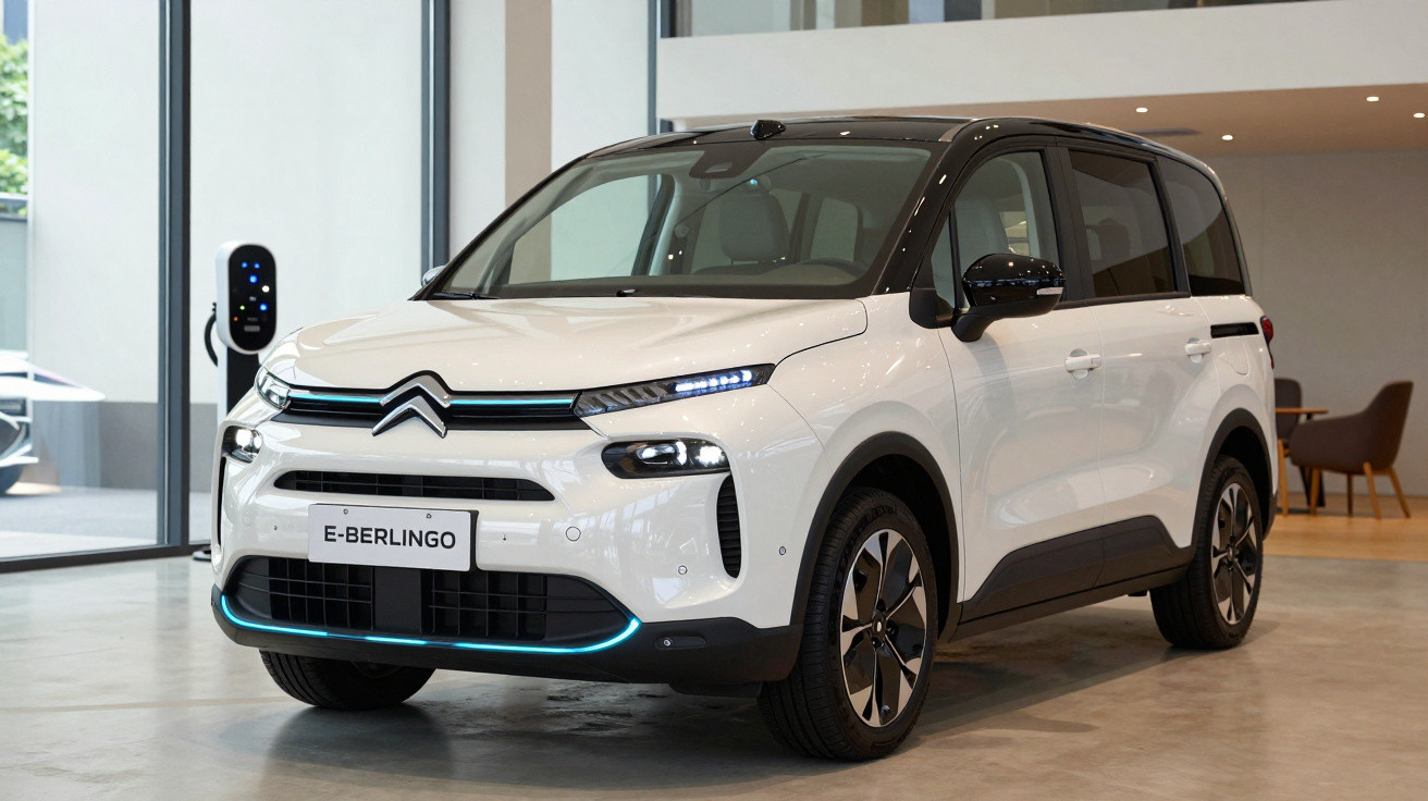 Carro elétrico branco Citroën E-Berlingo estacionado em ambiente interno moderno.