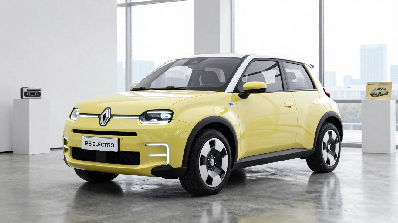 Carro elétrico Renault RS Electro amarelo exibido em salão com piso de concreto e paredes brancas.