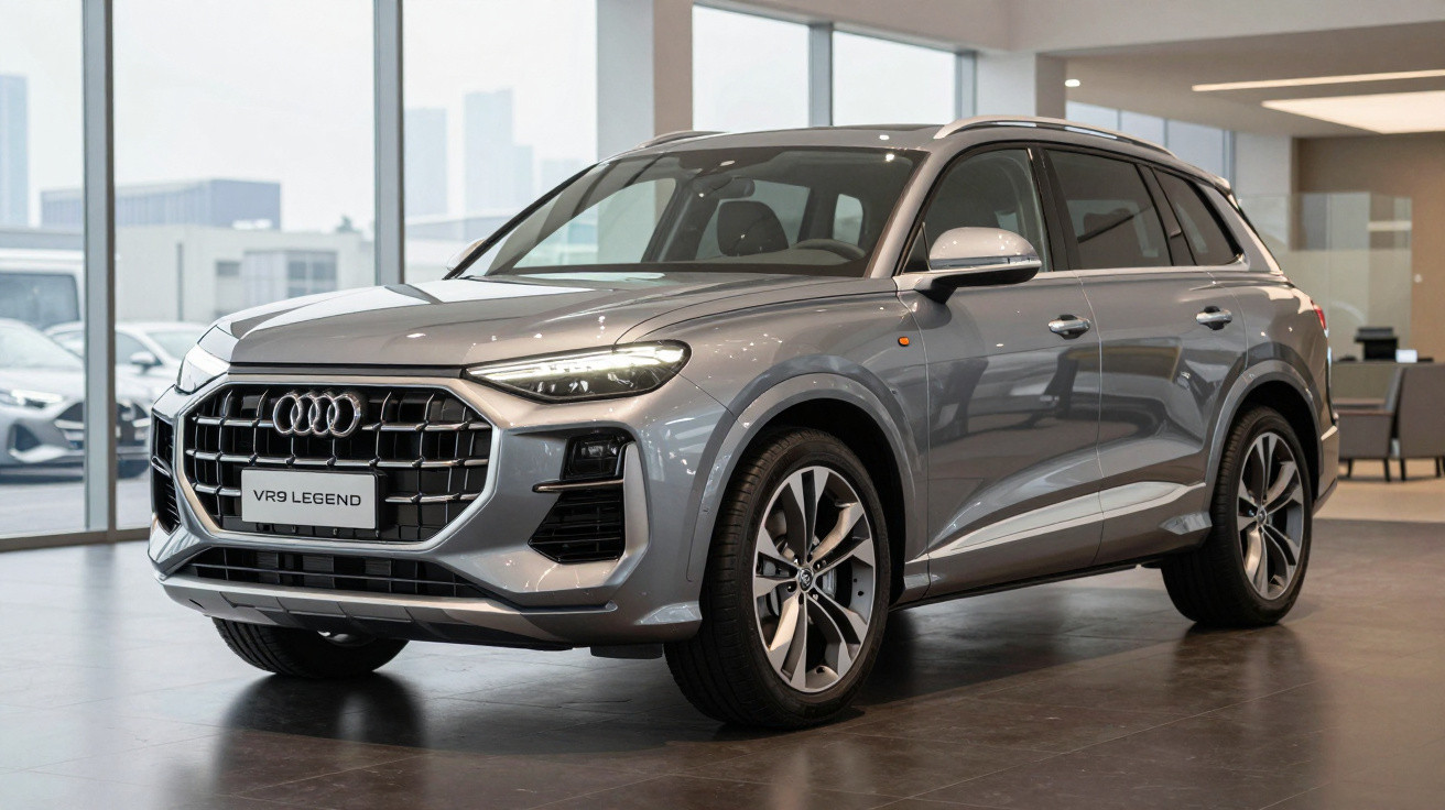 Carro SUV Audi VR9 Legend cinza estacionado em showroom moderno com janelas grandes.