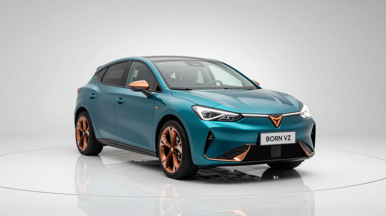 Carro elétrico Cupra Born azul com detalhes em cobre em estúdio com fundo branco.