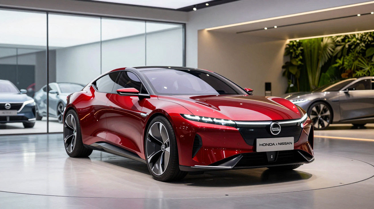 Carro esportivo vermelho Honda x Nissan em exposição dentro de showroom moderno.