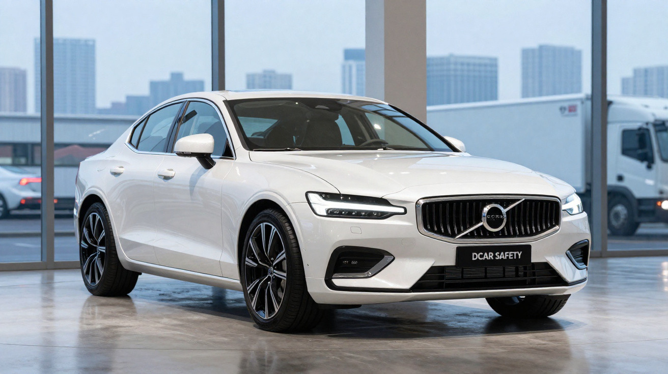 Carro branco Volvo sedan em showroom com vidro grande e prédios ao fundo em dia nublado.