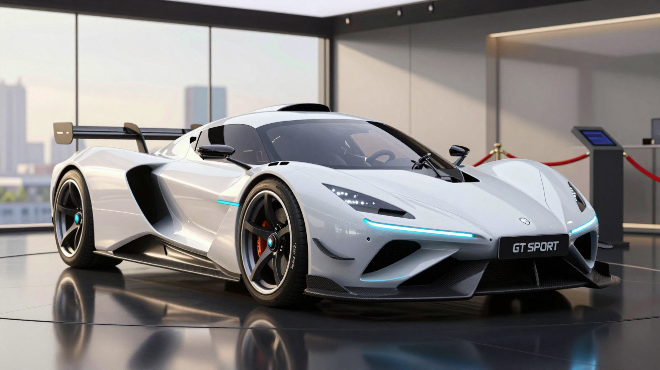 Carro esportivo branco GT Sport com design aerodinâmico em exposição moderna com iluminação natural.