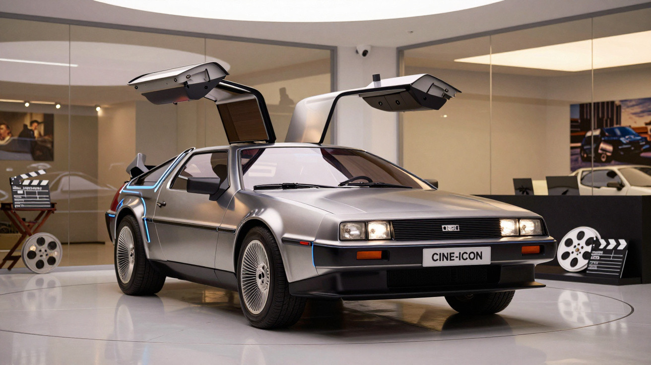 Carro esportivo prata com portas asa de gaivota abertas em exposição em ambiente interno moderno.