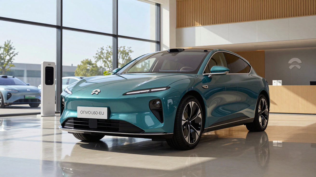 Carro elétrico azul em ambiente moderno, com design aerodinâmico e elegante, exibido em showroom.