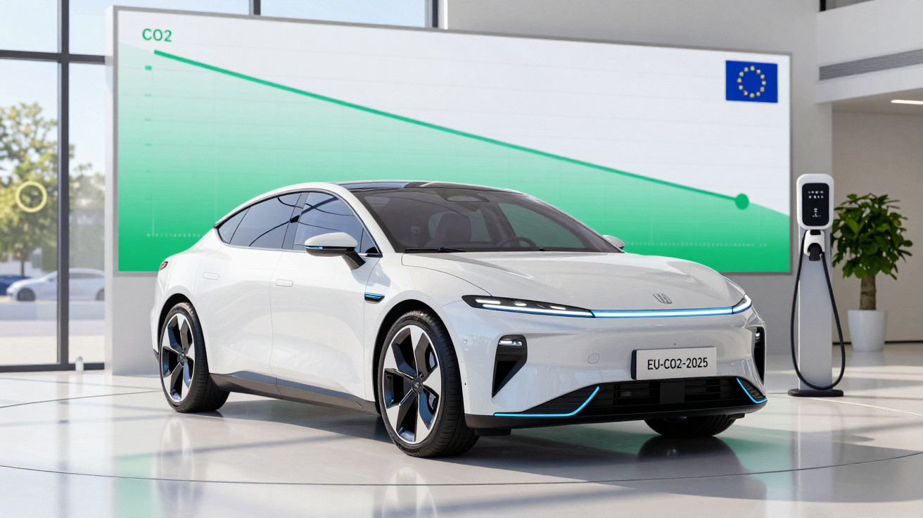 Carro elétrico branco estacionado em showroom com gráfico decrescente de CO2 ao fundo e estação de recarga elétrica.