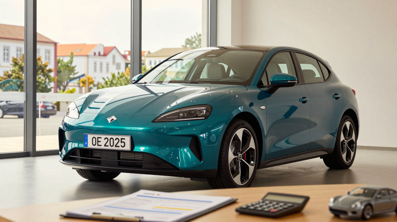 Carro elétrico azul estacionado em showroom com piso claro e janelas grandes ao fundo.