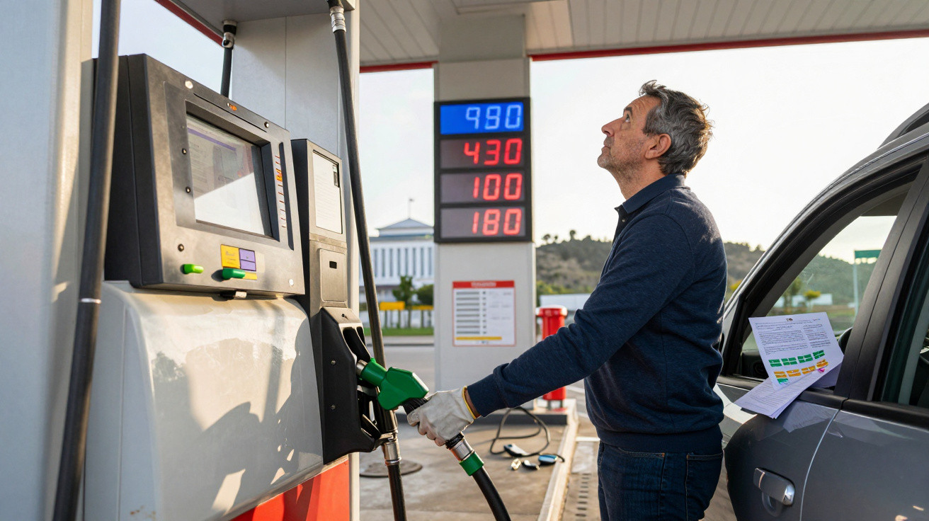 Homem abastecendo carro em posto de gasolina enquanto observa os preços no painel.