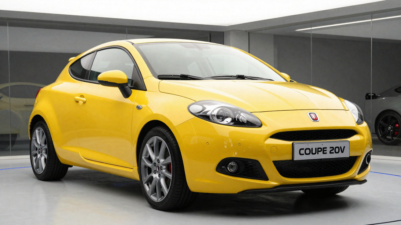Carro esportivo amarelo modelo Coupe 20V estacionado em ambiente interno moderno.