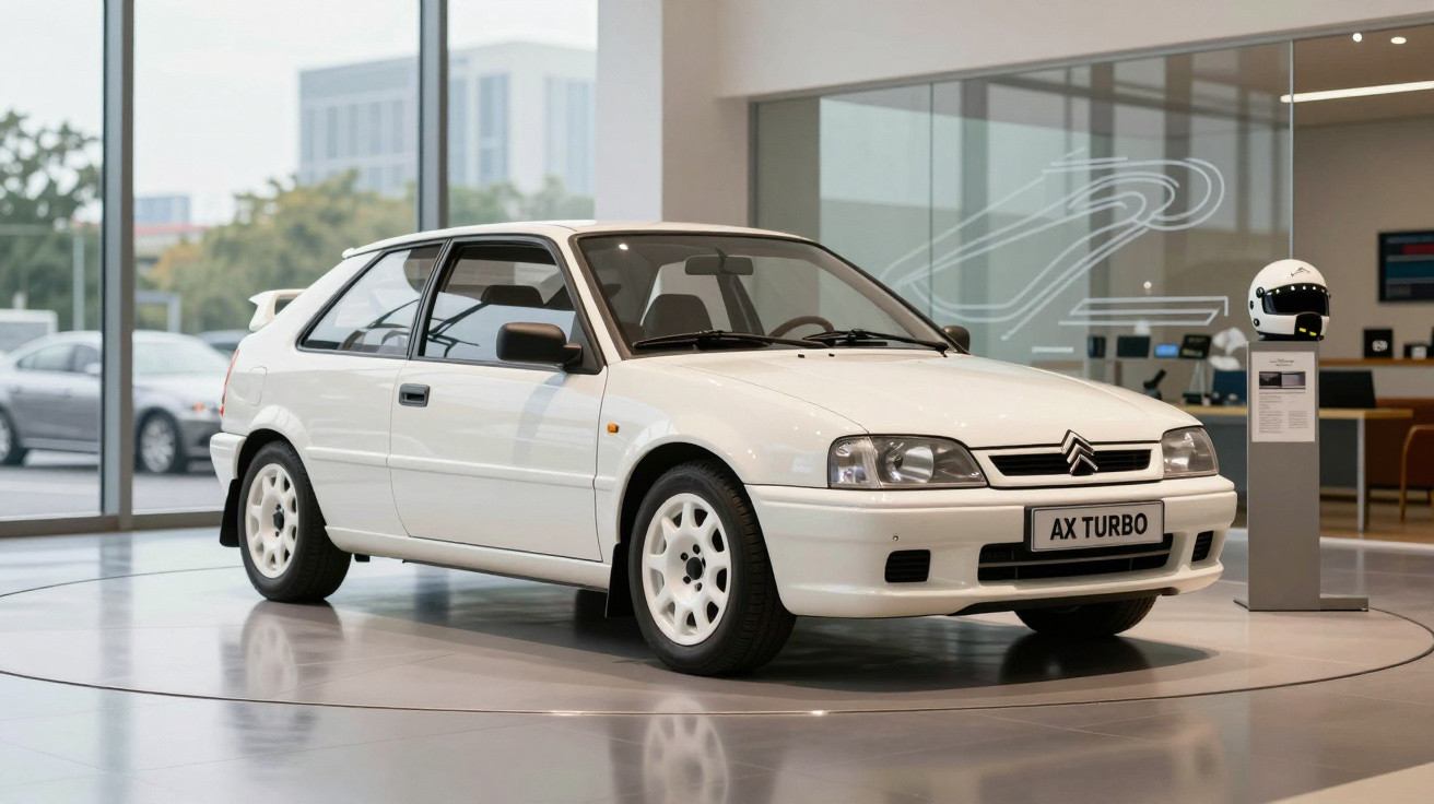 Carro branco Citroën AX Turbo exposto em showroom moderno com piso refletivo e detalhes de vidro.