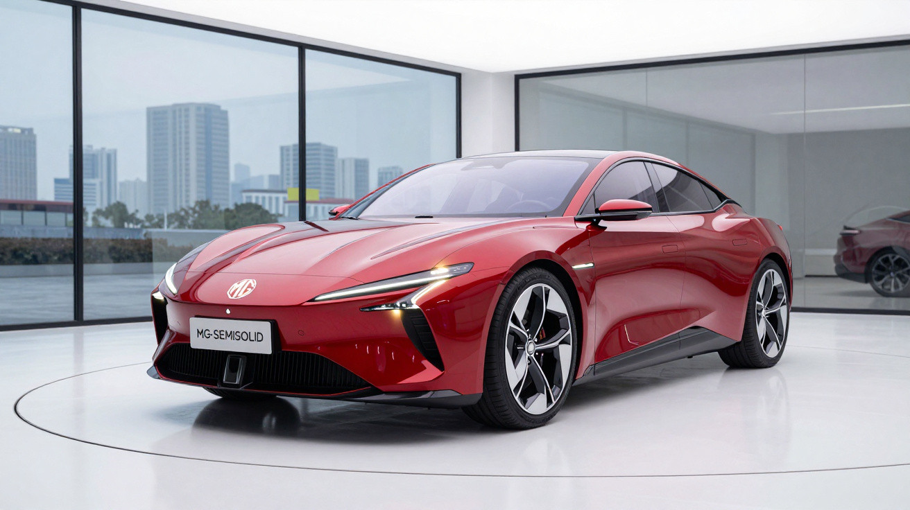Carro esportivo vermelho MG Semisolid em showroom moderno com janelas de vidro e vista urbana ao fundo.