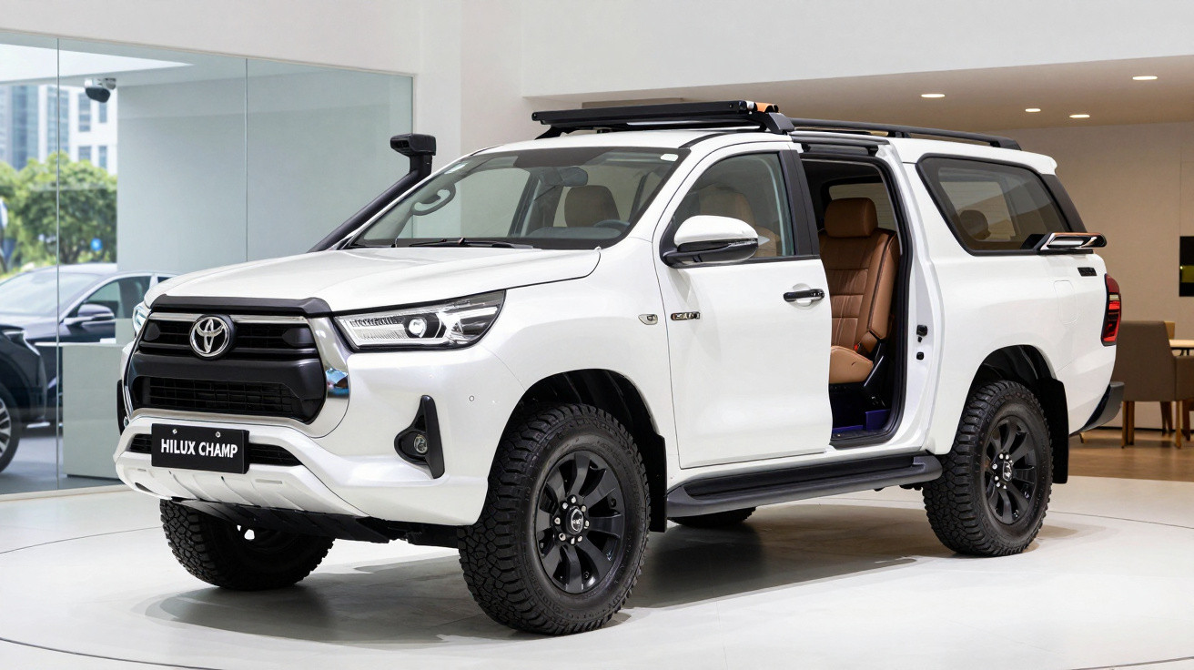 SUV branco Toyota Hilux Champ com porta dianteira direita aberta em showroom.