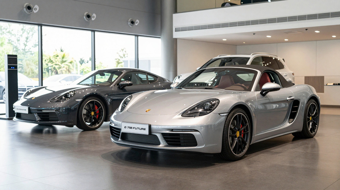Dois carros esportivos Porsche expostos em showroom moderno, um prata e um cinza escuro.