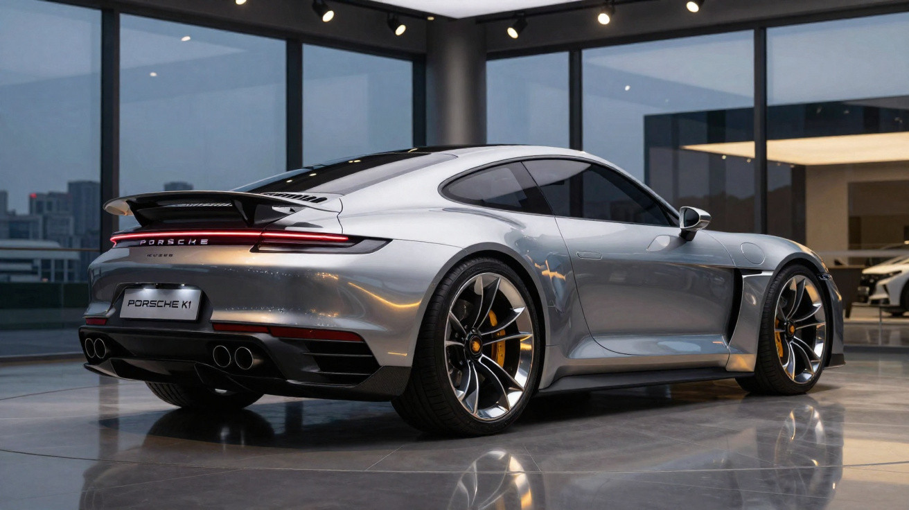 Carro esportivo Porsche prateado em vitrine, com design elegante e rodas grandes pretas e douradas.