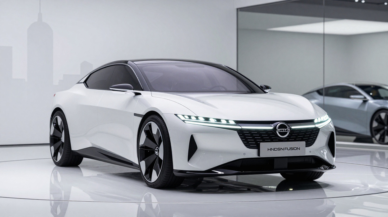 Carro elétrico branco Nissan HNDSN Fusion em exibição, com design moderno e faróis de LED.