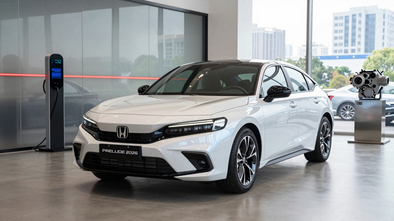Carro branco Honda Prelude 2026 exibido em showroom moderno com janela grande e máquina industrial ao fundo.