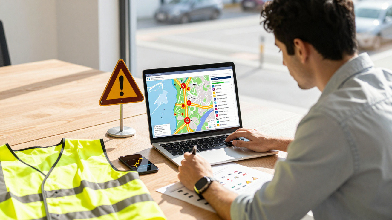 Homem analisando trânsito em mapa no notebook com colete refletivo e sinal de alerta na mesa ao lado.