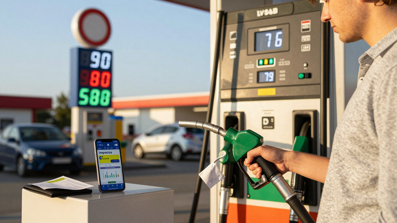 Homem abastecendo carro em posto de gasolina com app aberto em celular e sinalização de combustíveis ao fundo.