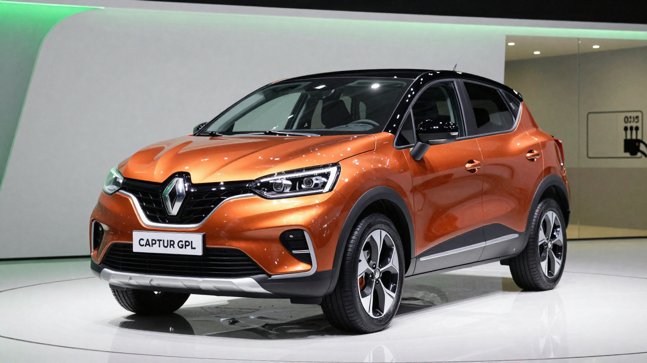 Carro Renault Captur GPL laranja com teto preto exibido em salão de automóveis.