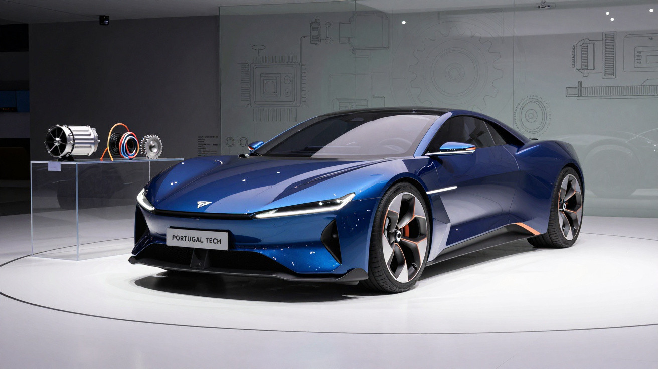 Carro esportivo elétrico azul com design futurista em exposição na Portugal Tech.