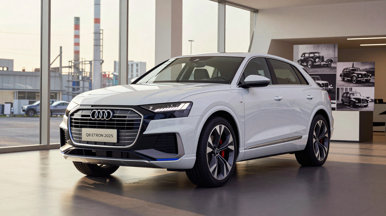 Carro Audi Q8 e-tron 2025 branco em showroom com luz natural e fotos de carros clássicos na parede.
