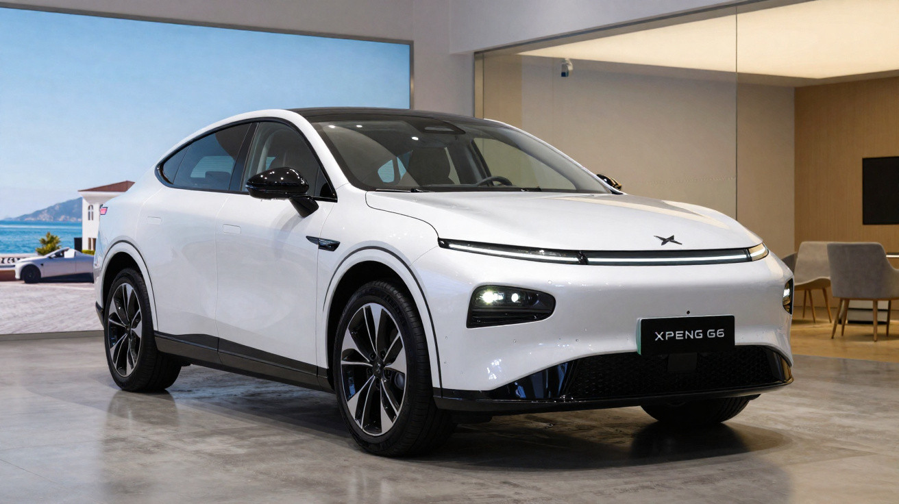 Carro elétrico branco XPeng G6 estacionado em ambiente interno com piso de concreto polido.