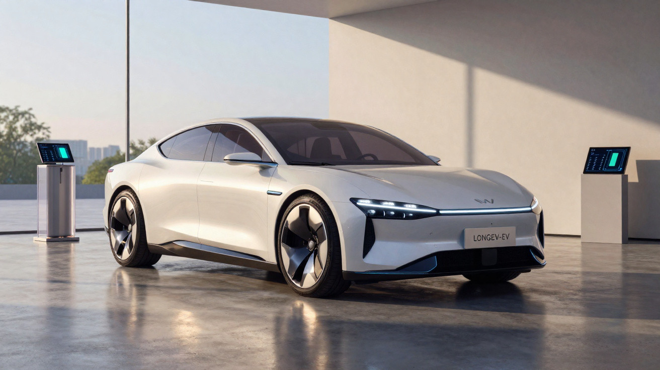 Carro elétrico branco com design futurista estacionado em garagem moderna com telas digitais ao fundo.