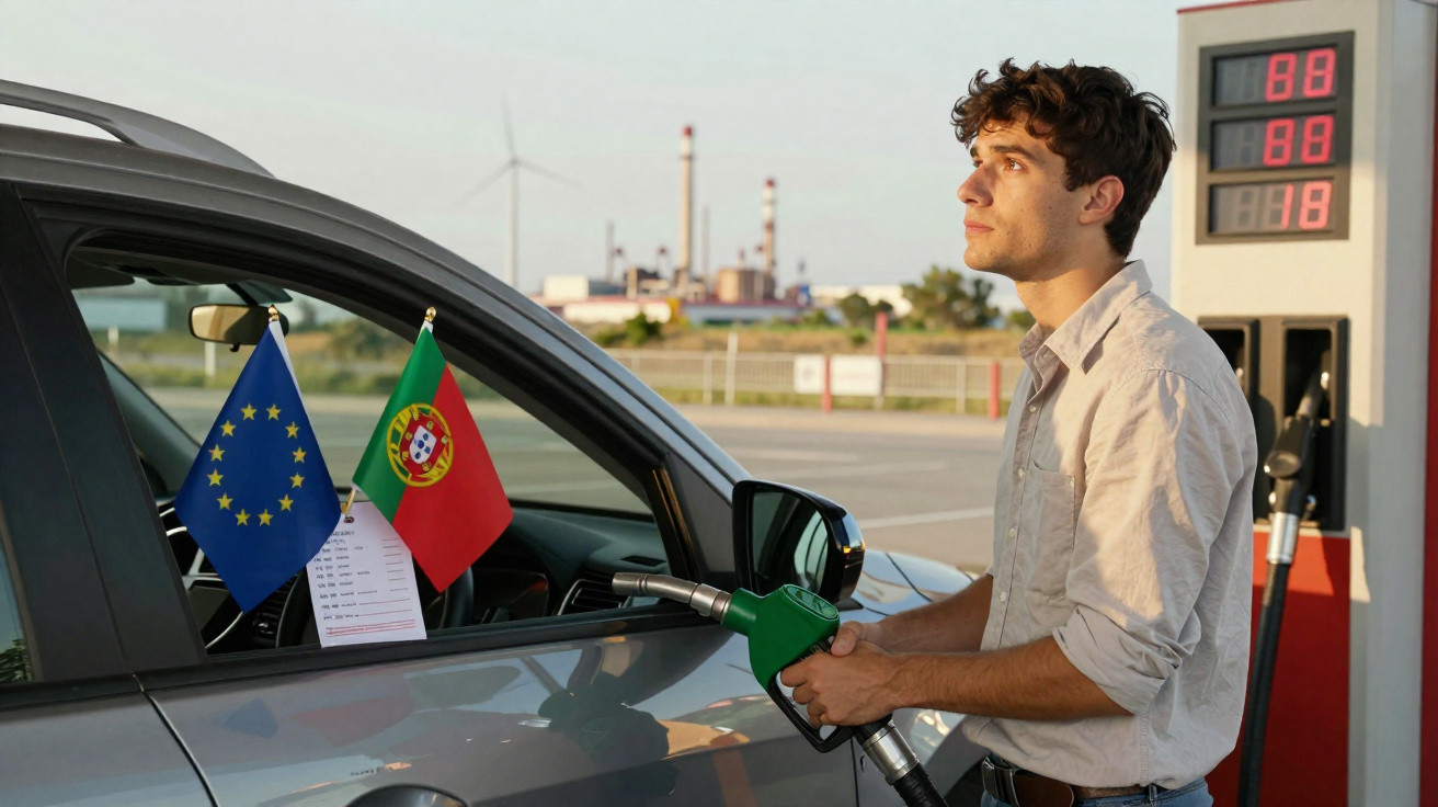Homem abastecendo carro cinza em posto de combustível com bandeiras da União Europeia e Portugal no vidro.