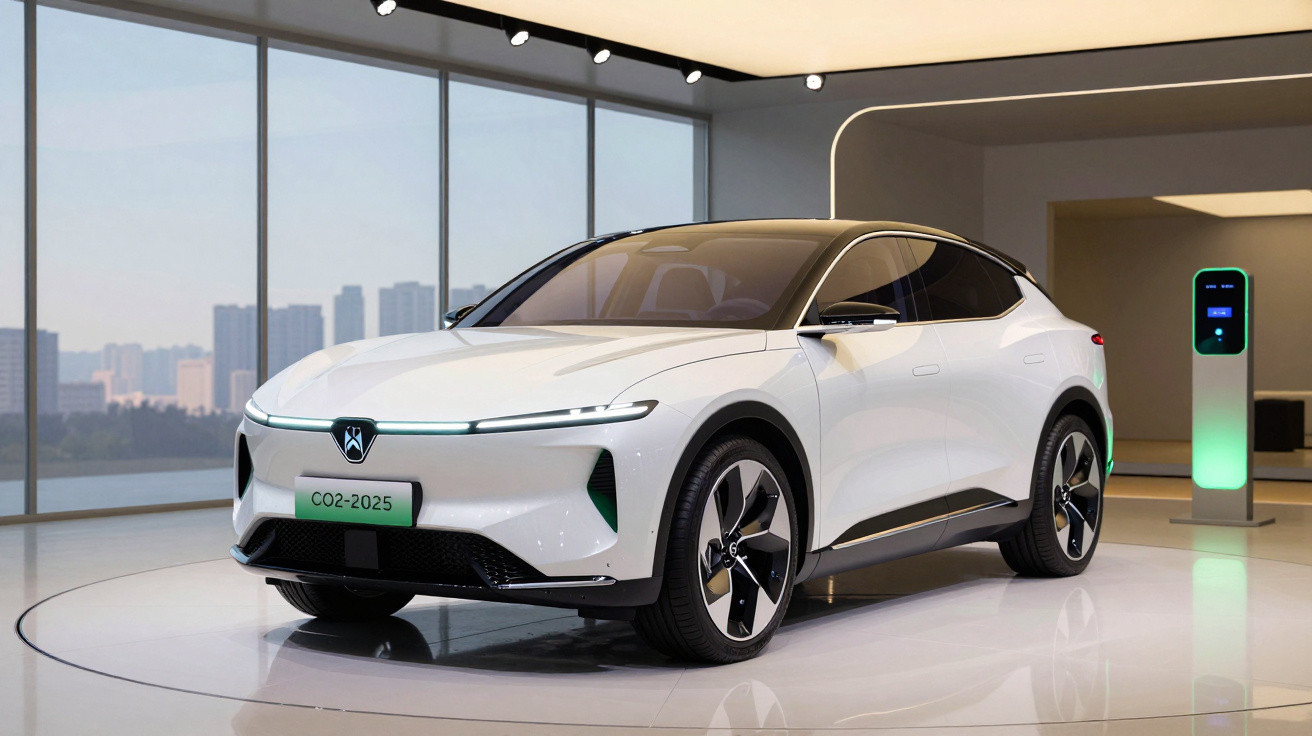 Carro elétrico branco moderno em showroom com grande janela e estação de recarga ao fundo.