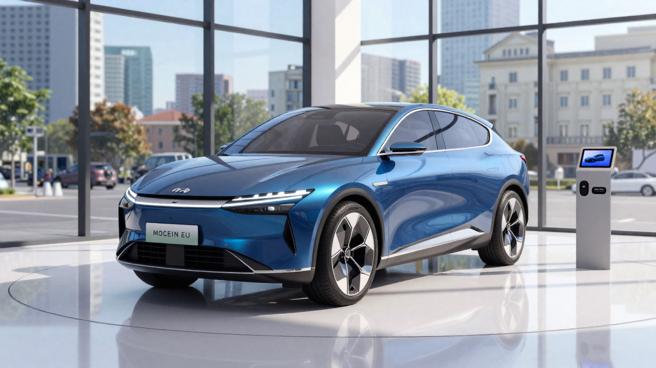 Carro elétrico azul moderno em exposição em ambiente urbano com vidro e postes de carregamento ao lado.