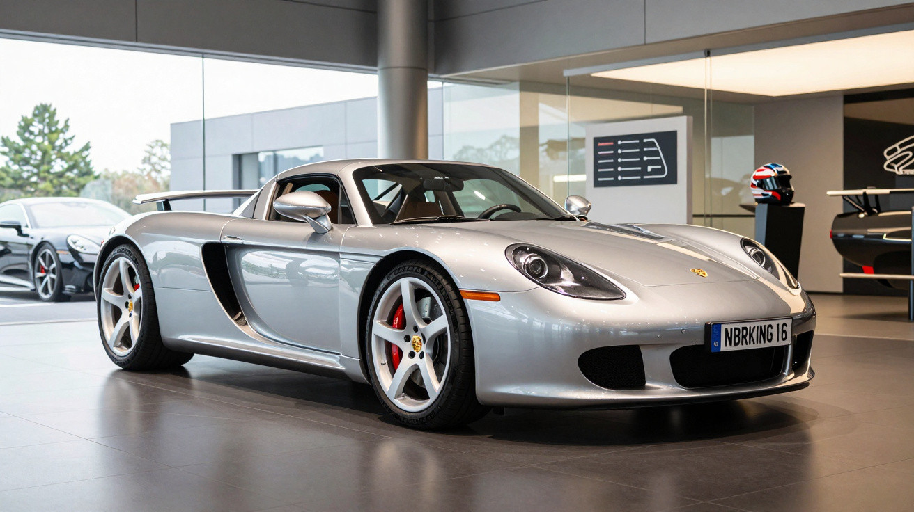 Carro esportivo prateado Porsche Carrera GT em showroom moderno com piso cinza e vitrine de vidro.