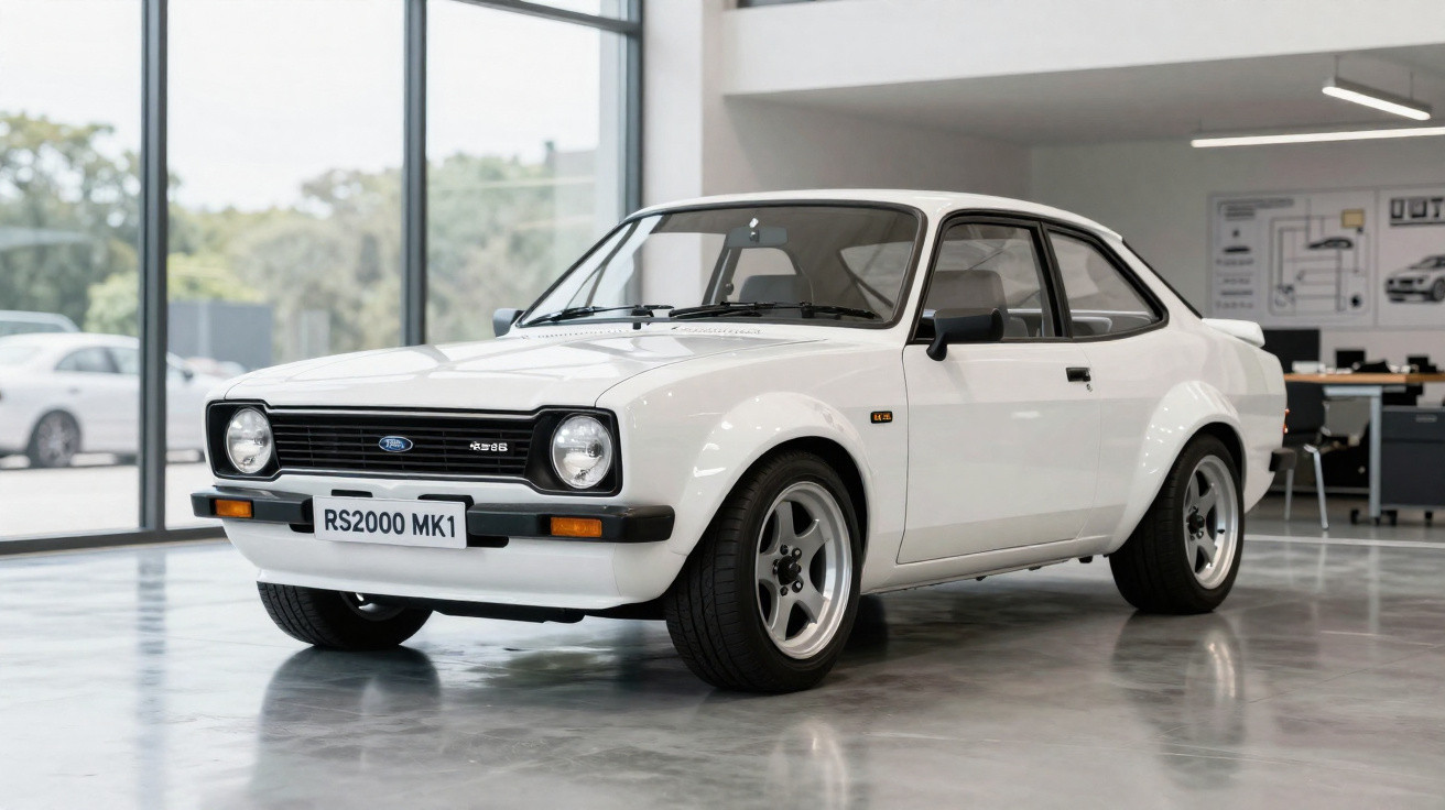 Carro esportivo clássico branco Ford RS2000 MK1 estacionado em showroom com piso de concreto polido.