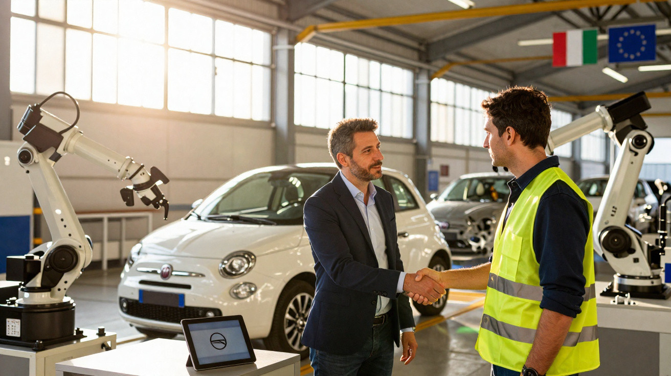 Homem de terno e homem com colete refletivo apertando as mãos em fábrica de automóveis com robôs industriais.