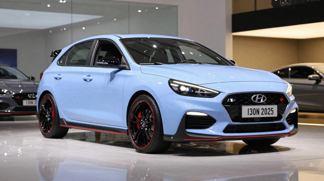 Carro esportivo Hyundai i30 N azul claro em salão de automóveis com rodas pretas e detalhes vermelhos.