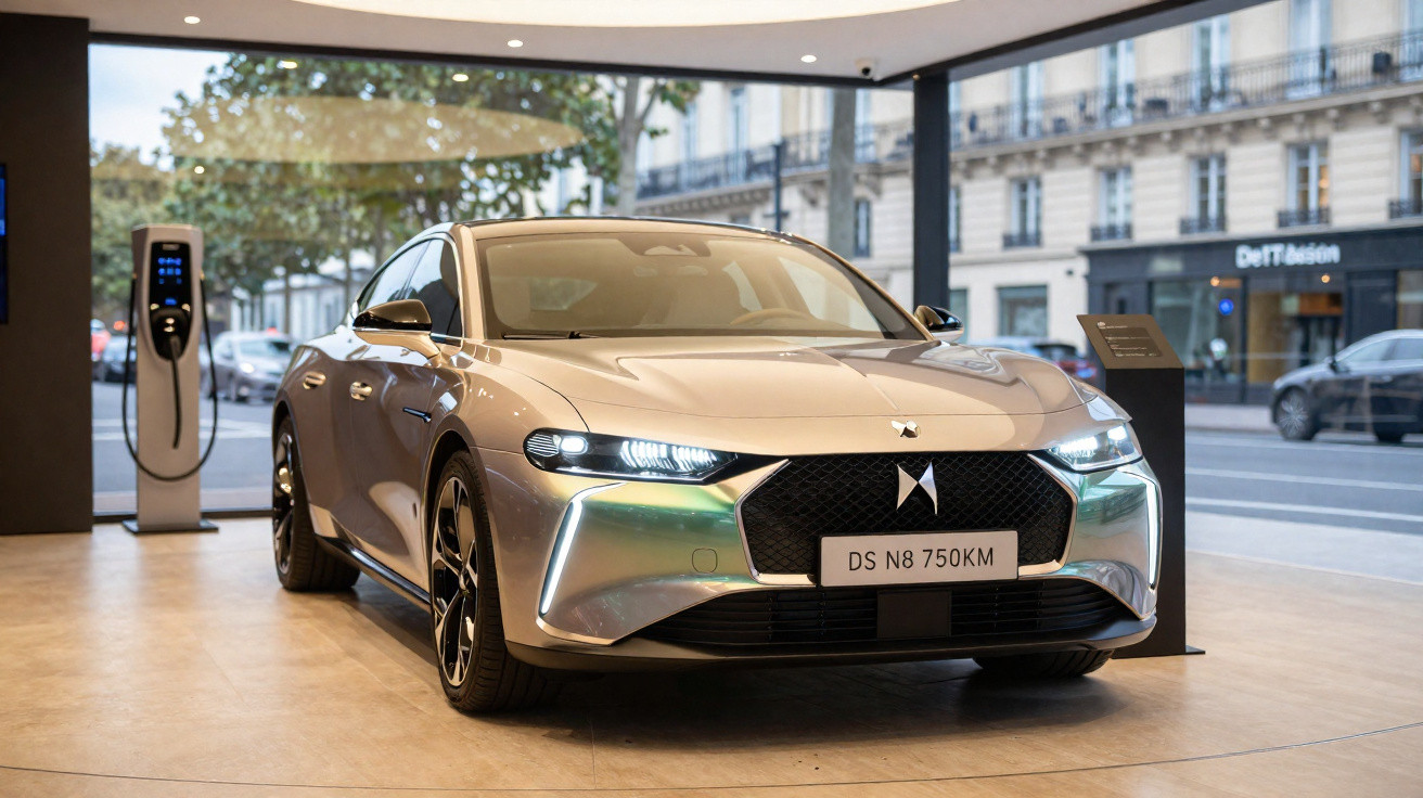 Carro elétrico DS N8 750KM prata exposto em showroom ao lado de carregador elétrico.