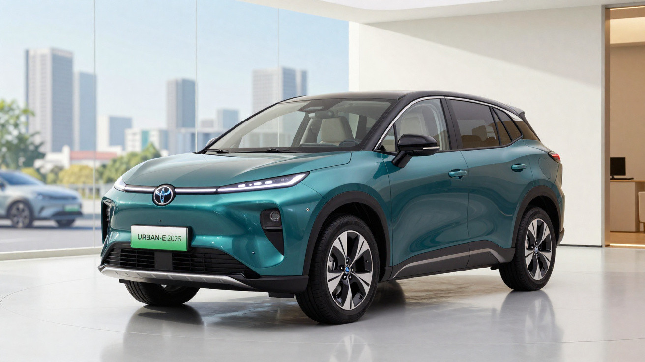 Carro SUV elétrico azul-esverdeado Toyota Urban-E 2025 em showroom moderno com vidro panorâmico.