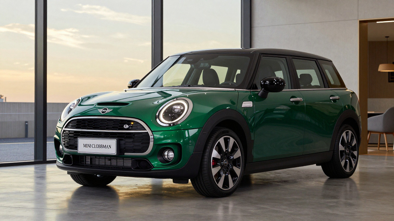 Carro Mini Clubman verde com teto preto estacionado em ambiente interno moderno com janelas grandes.