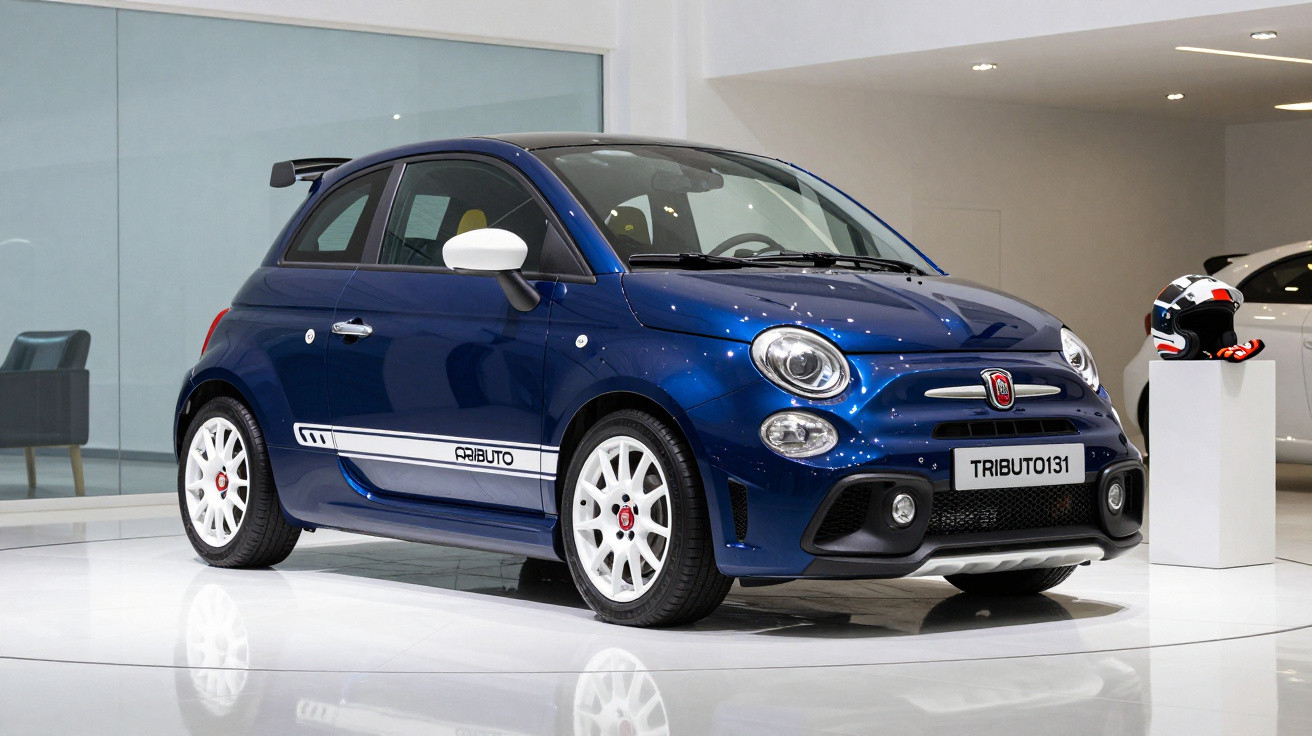 Carro Fiat 500 azul com detalhes brancos exibido em ambiente interno moderno e iluminado.