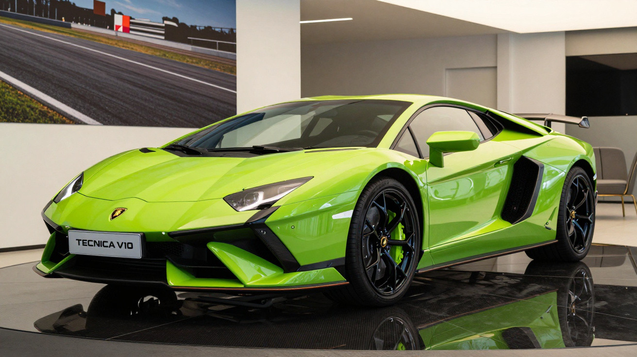 Carro esportivo Lamborghini Tecnica V10 verde em exposição dentro de showroom moderno.