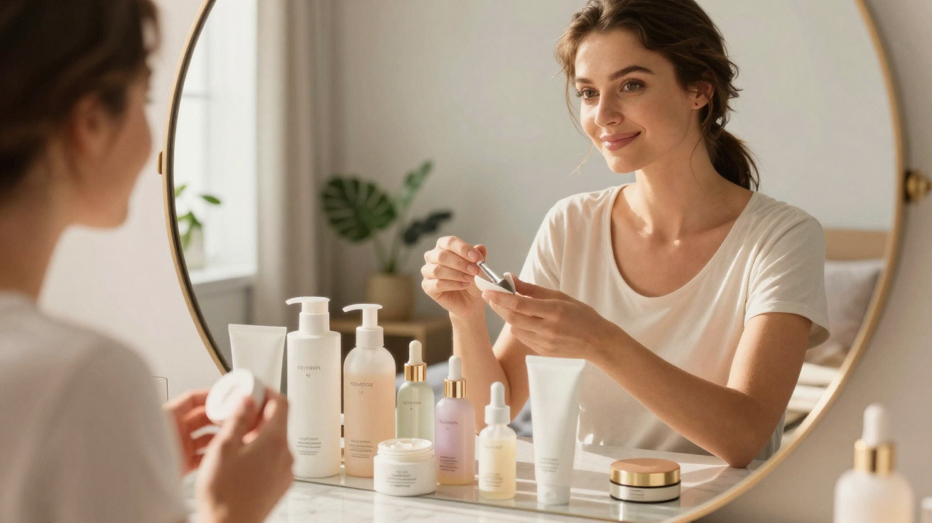 Mulher sorrindo aplicando creme no rosto sentado à mesa com espelho e vários cosméticos.