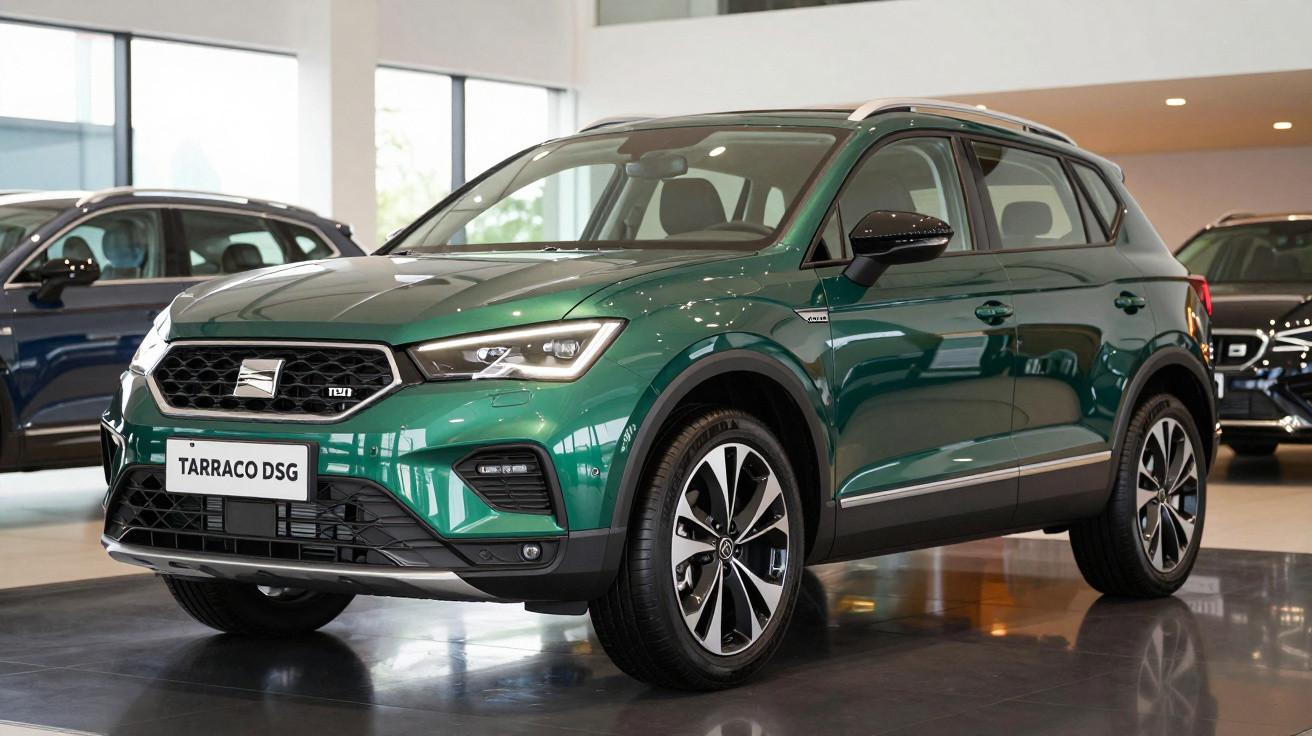SUV verde Seat Tarraco DSG exposto em showroom moderno e iluminado.